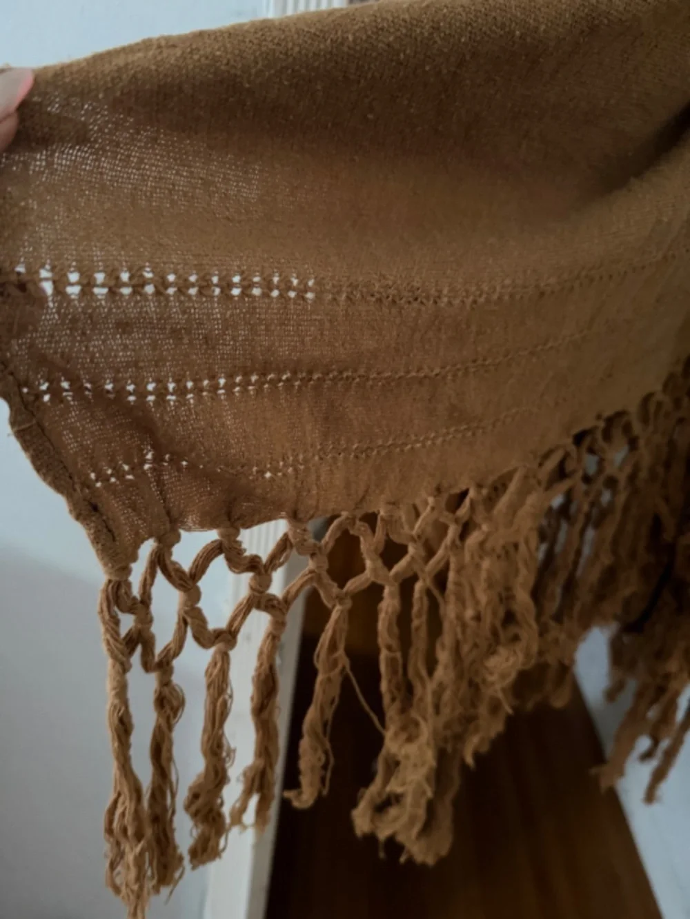 Caravana Brown Handwoven Fringe Kaftan Poncho Leather Belt One Size